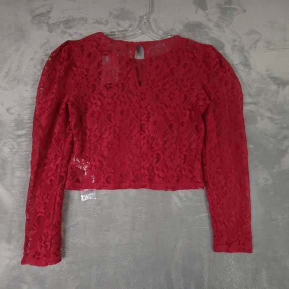 Lulus Womens Crop Top Red Floral Long Sleeve Keyhole Lace Nylon Blend S New - Picture 2 of 8